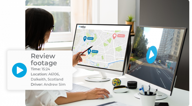 woman_reviewing_dash_cam_and_vehicle_location_data_using_radius_telematics_to_inform_her_of_an_incident